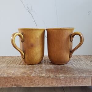 Vintage Brown Drip Glaze Stoneware Mugs Set of 2 Rustic Coffee Cups